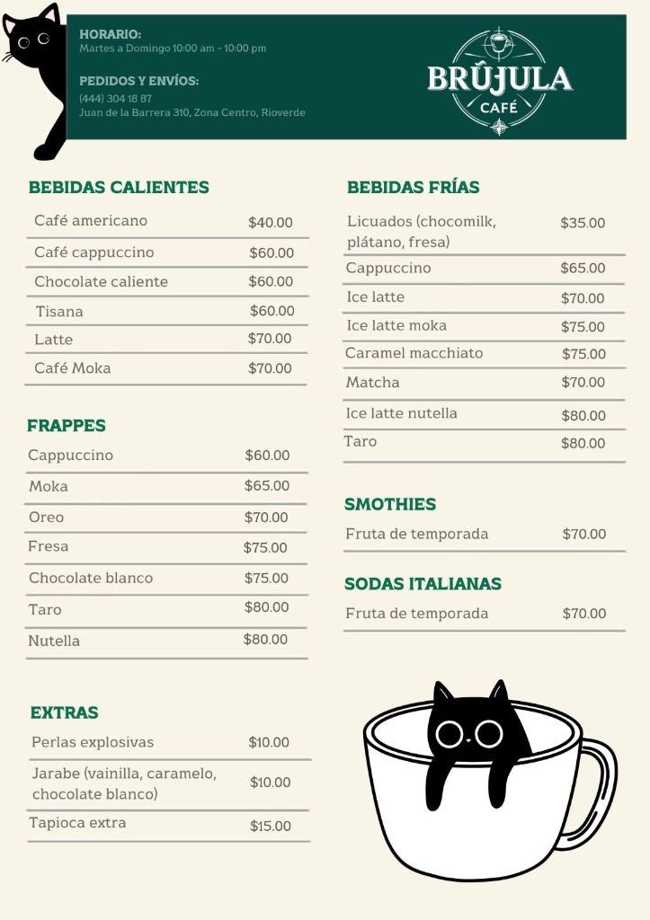 Menú Brújula Café - Bebidas Calientes, Frías y Frappes